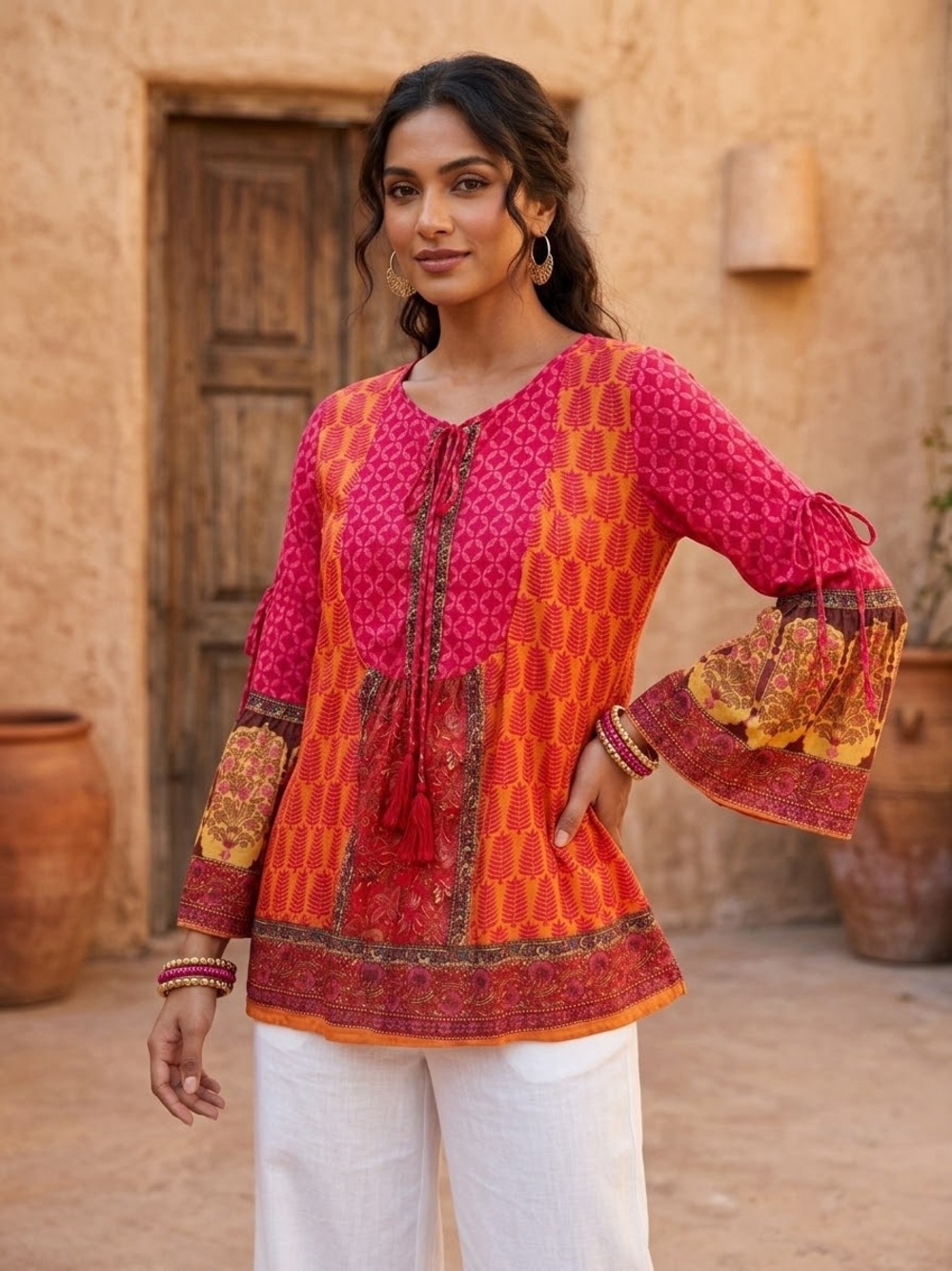 Khaadi Women Size 12 Kurti Tunic Top Cotton Boho Print Bell Sleeve Pink Orange